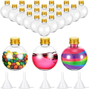 24 Pcs Spherical Plastic Potion Bottles Ball Shape Round Bottles 3.4 oz Sand Art Jar with 5 Funnels Decorative container Candy Jar for Valentines Birthday DIY Crafts(Gold Aluminum Lid)