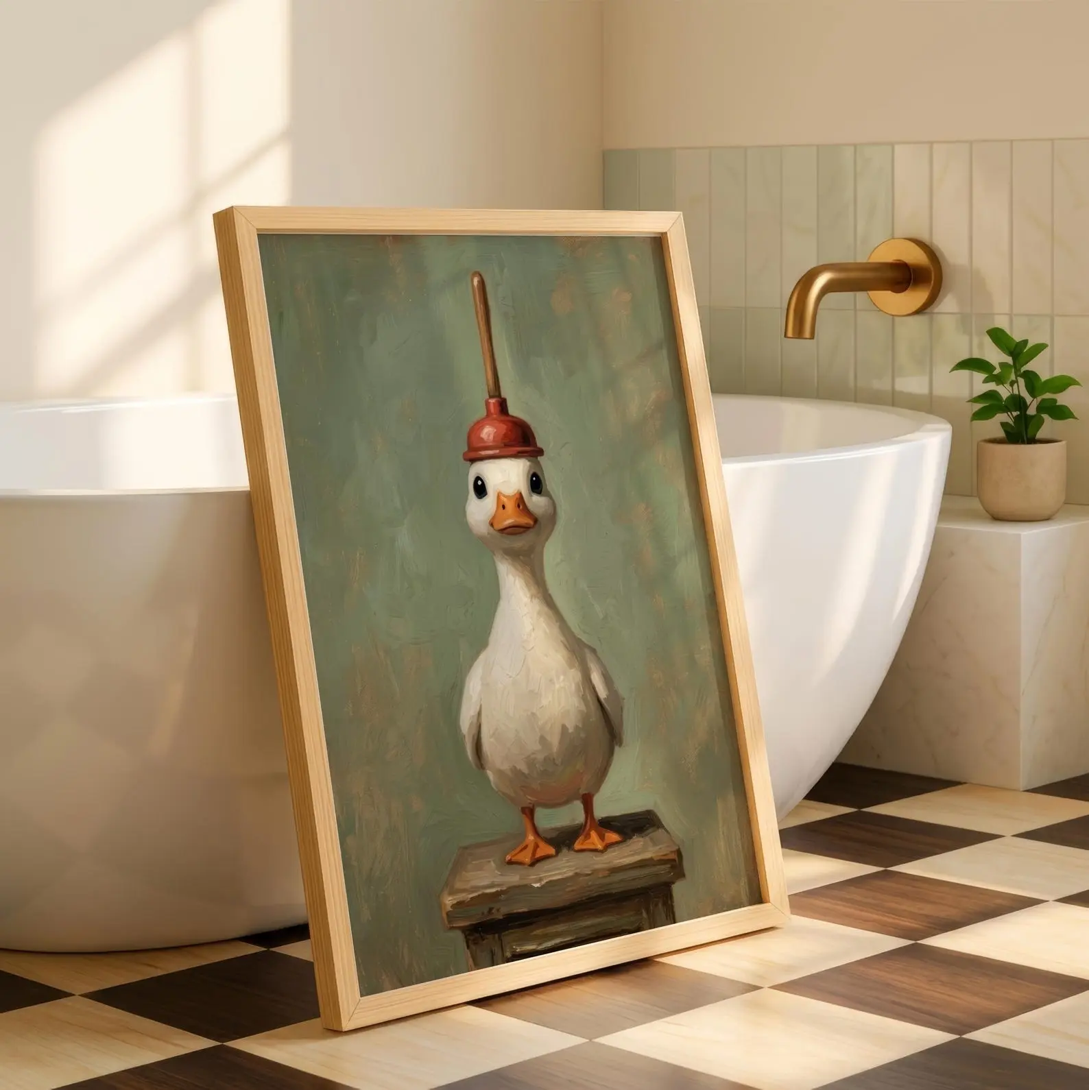 Funny Duck Bathroom Wall Art, Vintage Farm Animal Print, Quirky Powder Room Decor