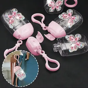 Transparent Empty Bottle with Rhinestone Butterfly Decor, 30ML Reusable Cosmetic Container, Portable Keychain Holder for Travel
