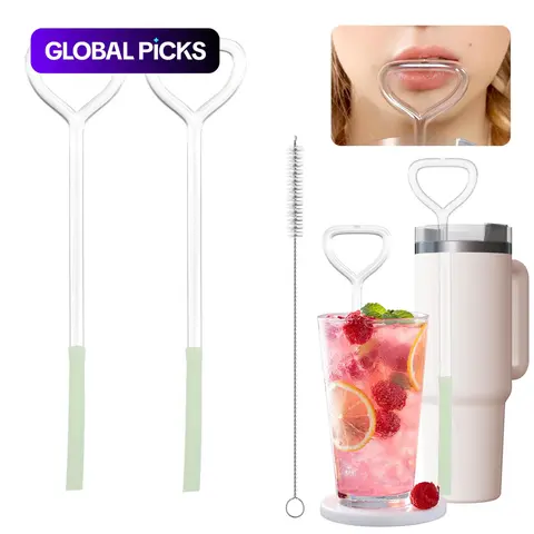 Anti-Wrinkle Glass Drinking Straws Set, 3-Piece Set Including 2 Reusable Heart-Shaped Glass Straws and 1 Cleaning Brush, Drinkware Accessories for Home, Kitchen and Bar #GLOBAL PICKS