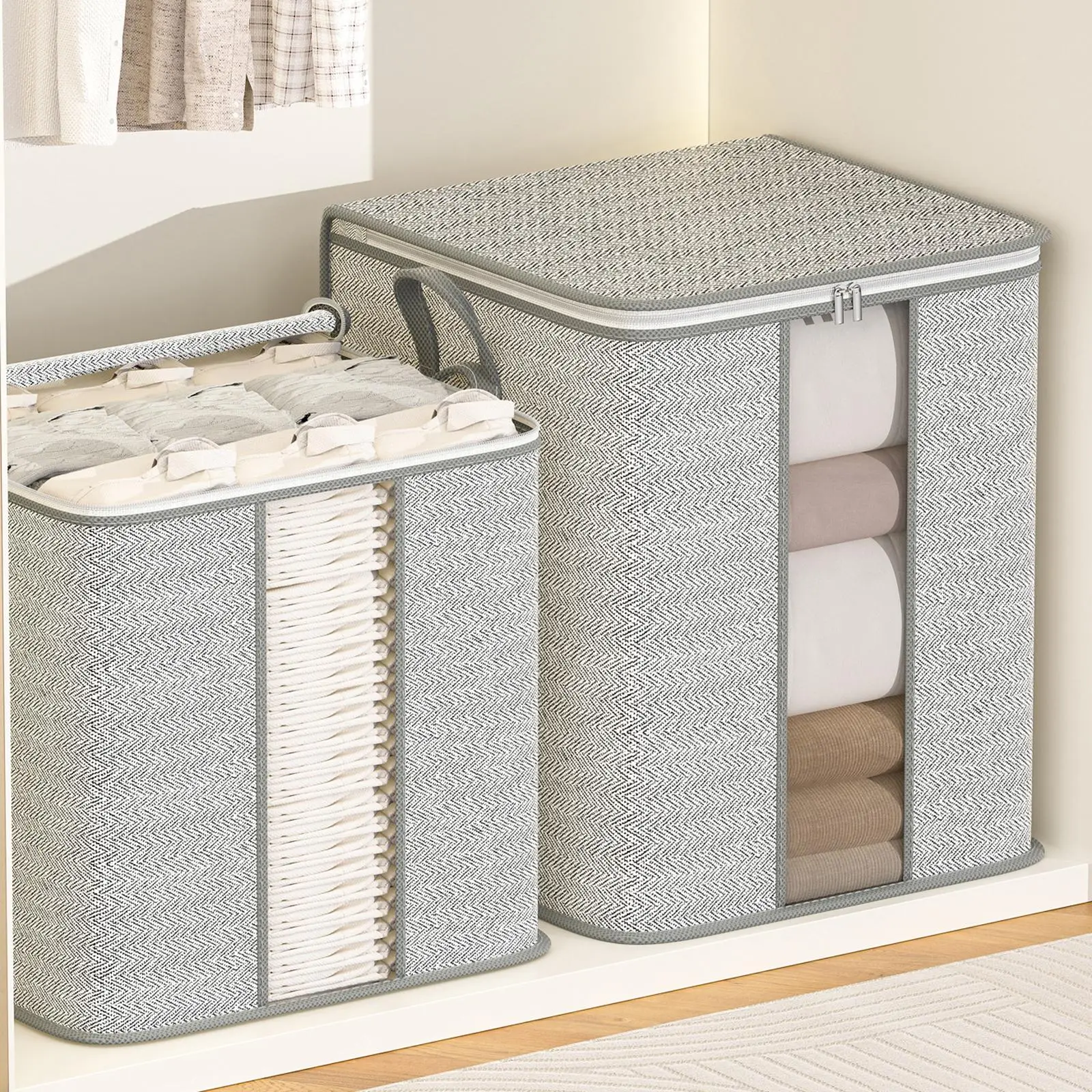 Clothes Storage Bag with Clear Window, 1 Count/2 Counts Summer Foldable Large Capacity Quilt Storage Organizer with Zipper and Handle, Dorm Essentials