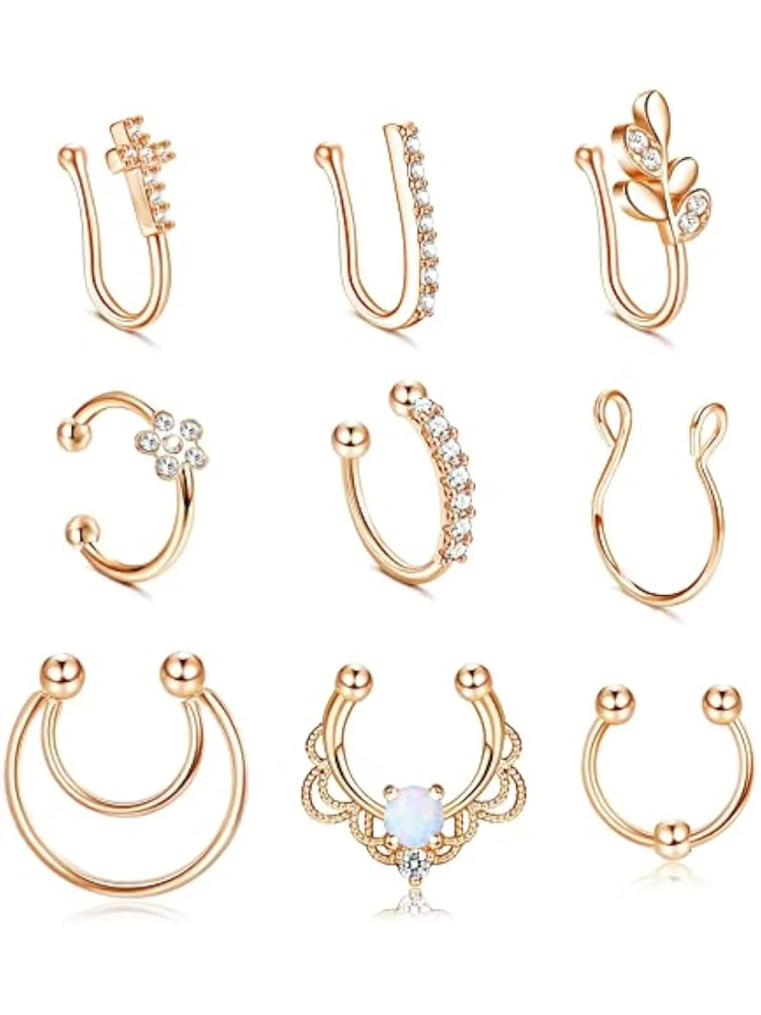 9Pcs Fake Nose Rings for Women Stainless Steel Opal Fake Septum Rings Set CZ Fake Nose Rings Hoop Stud Clip on Nose Cuffs Non Piercing Jewelry Rhinestone Nose Ring