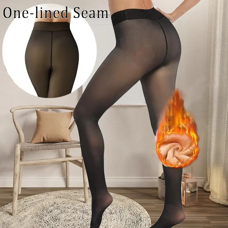 Fleece Lined Tights One-lined Seam,Fleece Lined Leggings Women,Sheer Fake Translucent Winter Thermal Pantyhose Opaque Warm Thick High Waist Leggings,Warmer,Womenswear,Minimalist,Underwear,Comfort,Basic