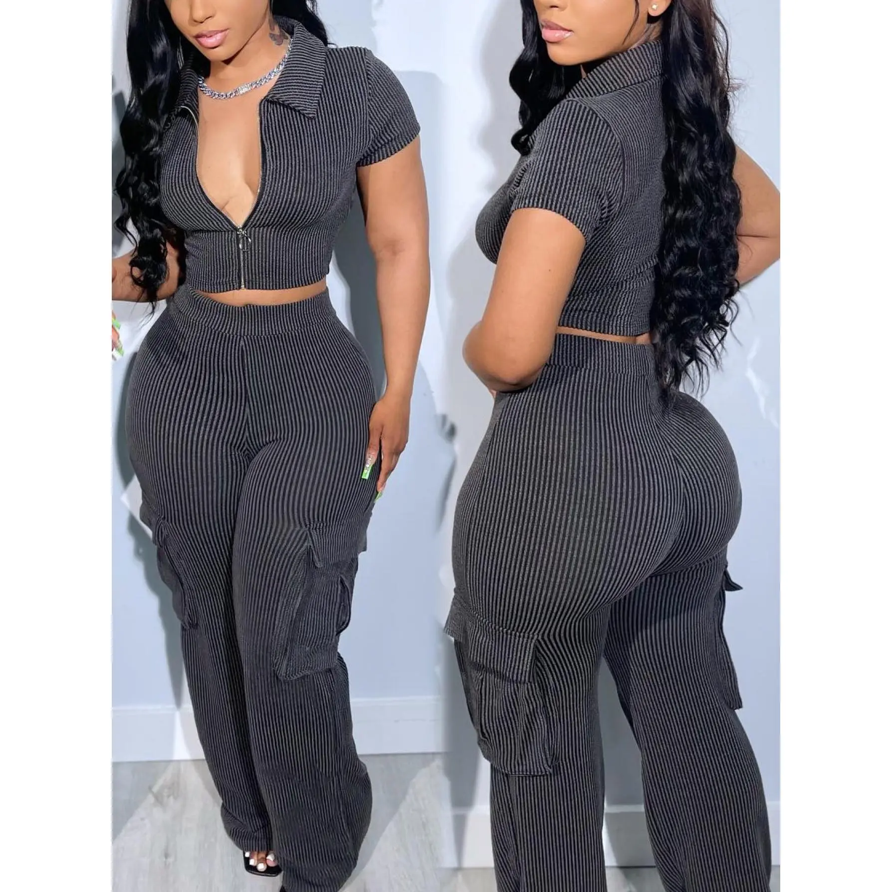 Women's 2-Piece Plain Short-Sleeve Top and Pants Set - 100% Polyester, Micro Elastic, Knitting, Elegant Women's Clothes, Machine Wash, Cross-Border European Casual Zipper Outfit, All-Seasons Versatile Clothes
