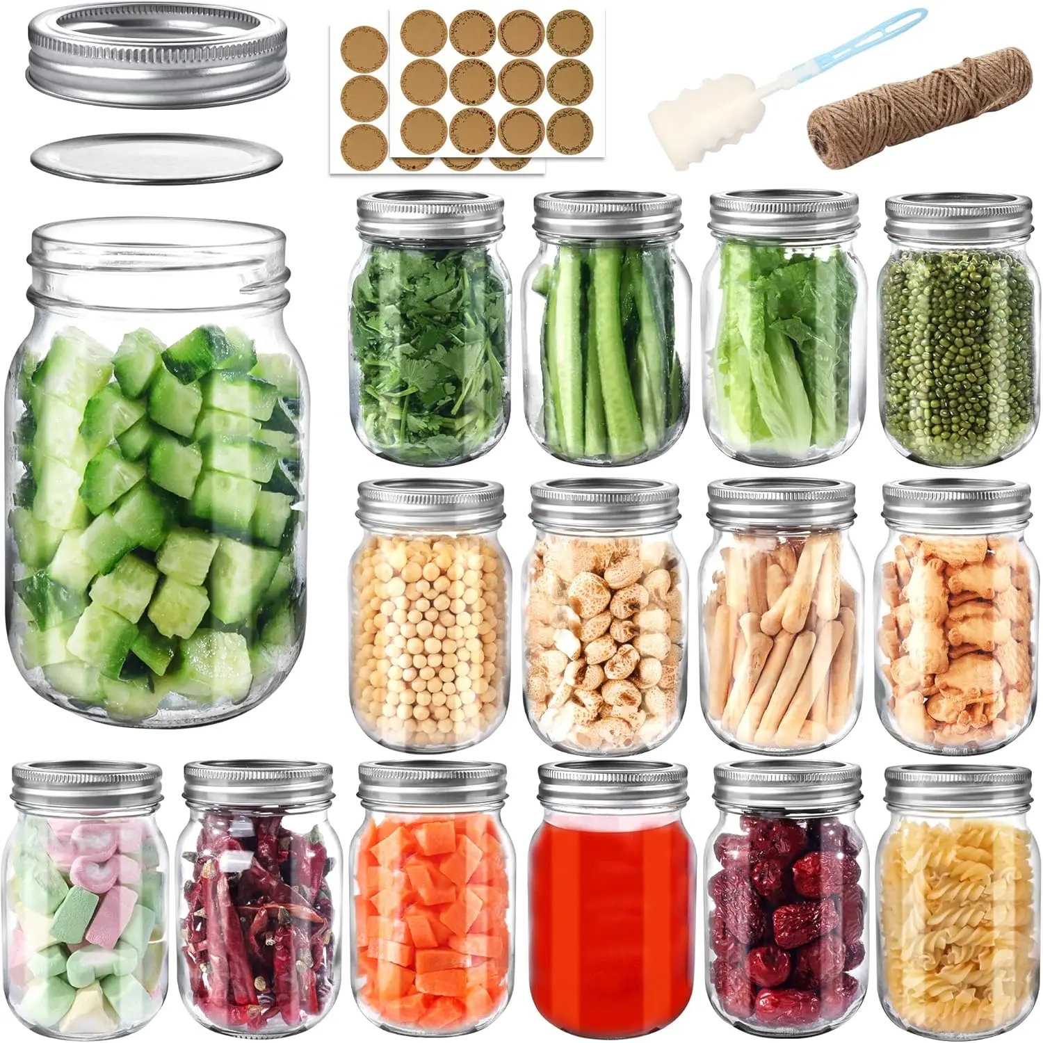16 oz Mason Jars with Sealing Lids and Straps, 15-Pack Regular Mouth Canning Jars, Transparent Glass Pint Jars for Canning, Preserving, Food Storage, DIY Projects, 24 Labels, Includes Brush and Rope