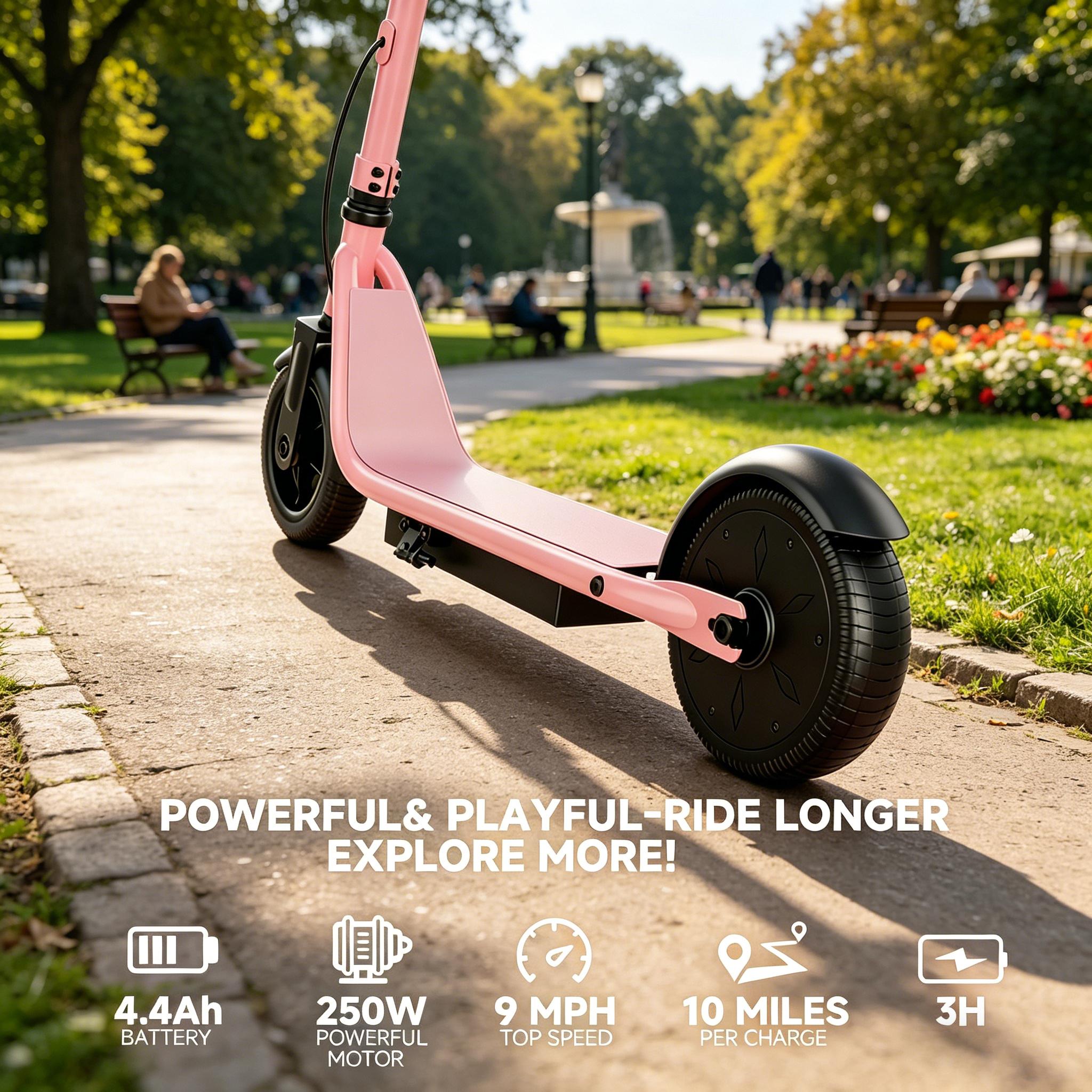 A Kids Electric Scooter with 250W Motor 3 Speed Modes Up to 9 MPH 6.5" Solid Tires Lightweight Safe Stable Ride for Boys Girls Outdoor Fun