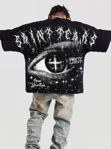 Men's Retro Eye & Cross Graphic Oversized T-Shirt, Gothic Streetwear Top, Long Loose-Fitting Floral Pattern, No Button or Zipper