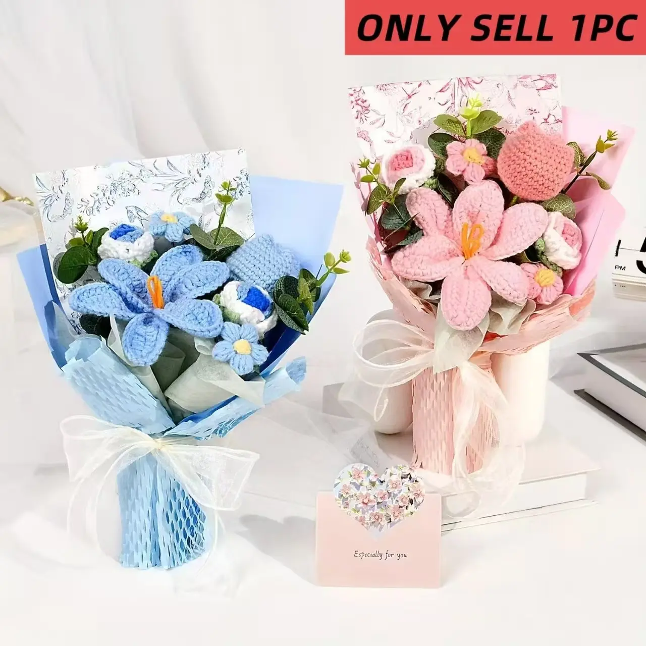 Handmade Tulip Bouquet, and Blue Floral Arrangement with Leaves, Perfect for Mother's Day, Father's Day, Valentine's Day, Birthdays, Crochet Bouquet, Decorative Flower, Decoration Bouquet