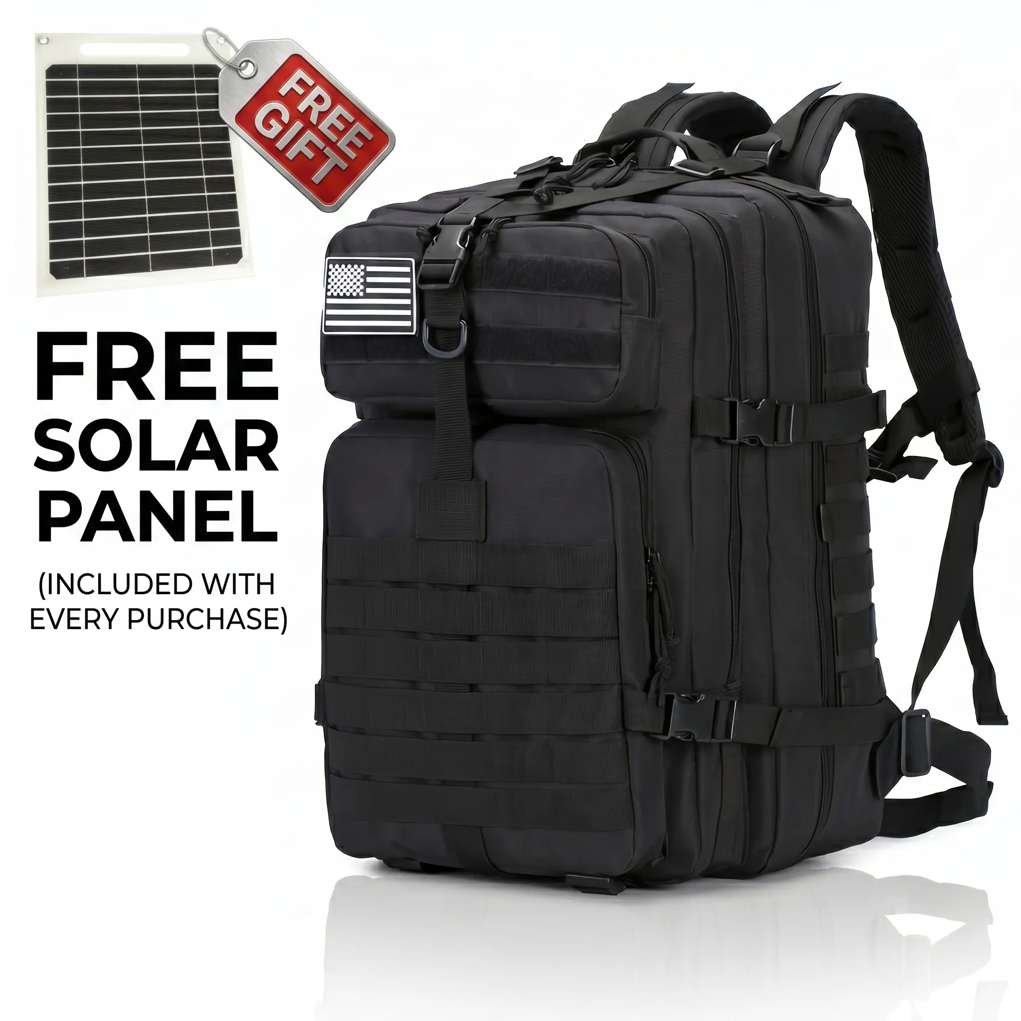 11.89Gal/45L Large-Capacity Tactical Waterproof Backpack, with Solar Charging Panel (Supports USB/Type-C) and U.S. Flag Patch—a spacious, all-weather tactical survival kit and a must-have for outdoor camping and hiking!