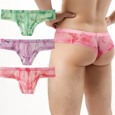 Men's Lace Ultra-Thin Mesh Breathable Semi-Transparent Print Triangle Briefs, Slim-Fitting Low Waist Comfort Elastic Fashion Shorts, Daily Casual Underwear Sheer Mesh Briefs, Lightweight Underwear