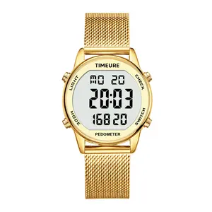 Step Counter Pedometer Watch with Stainless Steel Bracelet, Stylish Design, Fashion, No App, Golden, Calorie, Distance, Alarm, Countdown Timer 2401