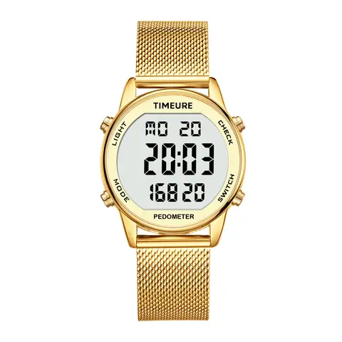 TIMEURE Women's 36mm Elegant Digital Wrist Watch - Stainless Steel Buckle Bracelet, No App Required, Golden, Digital Fitness Tracker, Pedometer for Walking, Calorie Calc., << 30M Water Resistance, 12 Months Warranty, Fashion Gift for Women