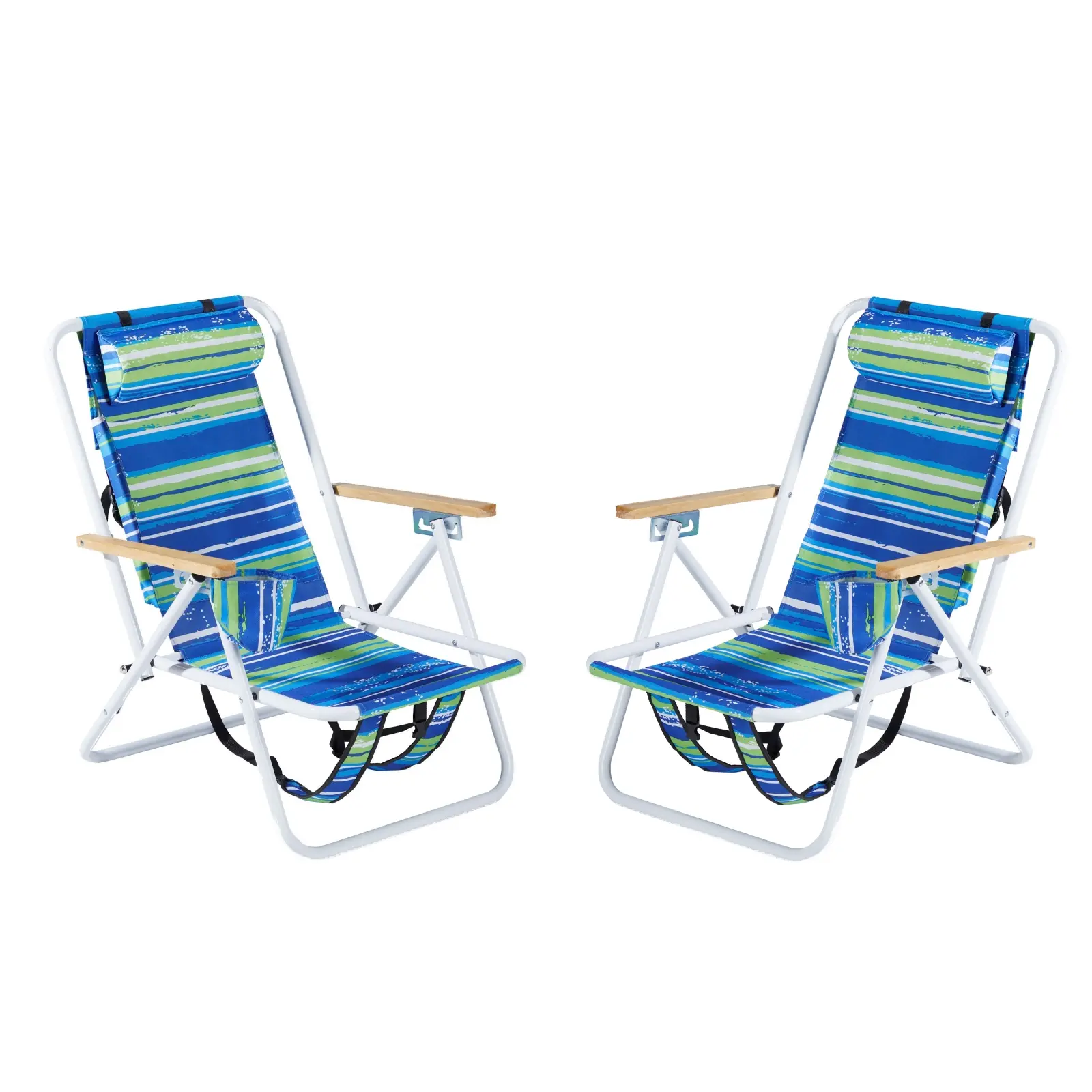 Folding Beach Chair Set of 2, 4-Position Backpack Chairs for Adults with Headrest, Cup Holder, Wooden Armrests, Portable for Camping
