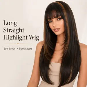 Long Straight Highlight Wig with Bangs for Women, Layered Heat Resistant Synthetic Wig, Natural Looking Hair for Party Cosplay Daily Use