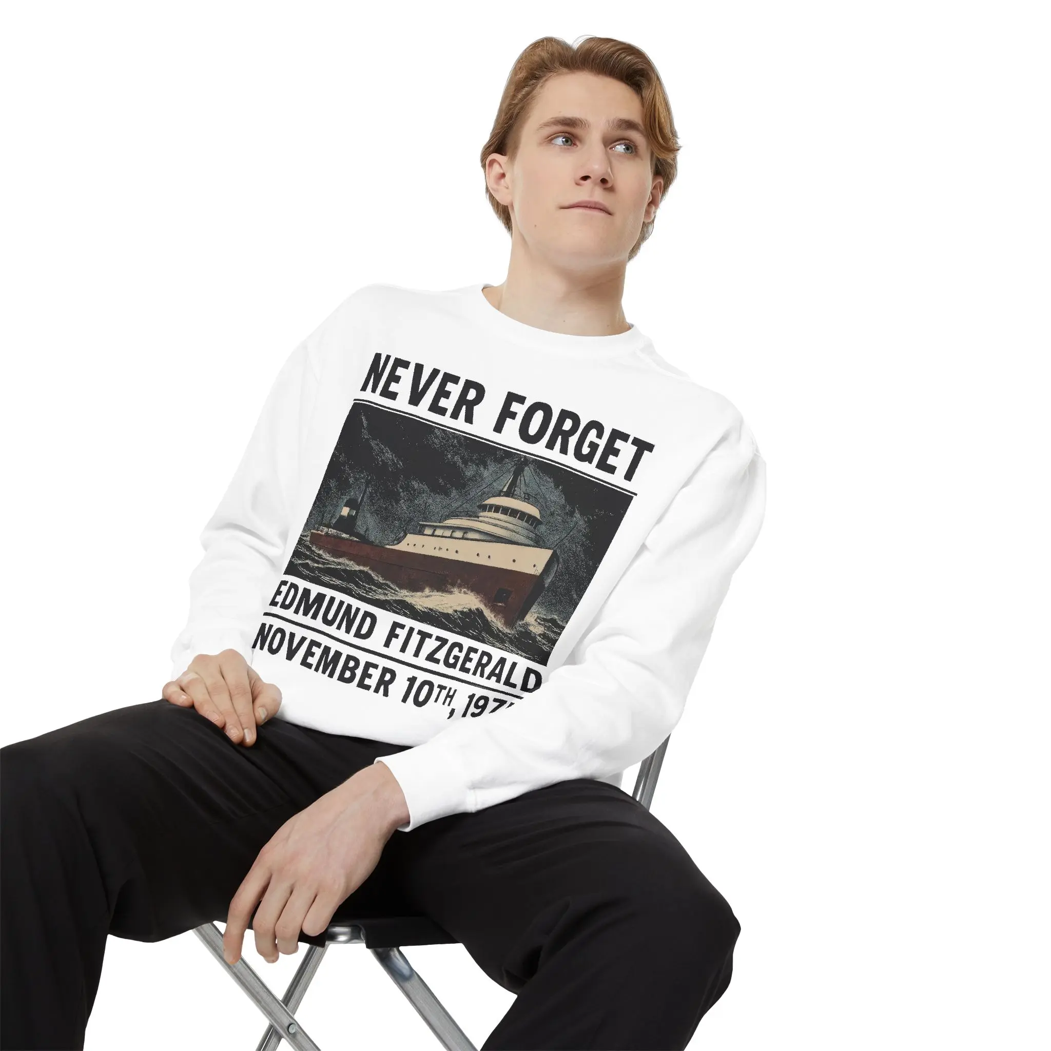 The SS Edmund Fitzgerald Tshirt 4.2 oz 100% Airlume Combed Cotton Double-needle Stitching Seamless Collar Heat Transfer Label