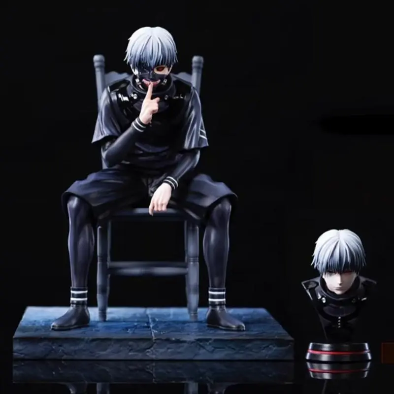 20cm Ken Kaneki Sitting Figure Tokyo Ghoul GK Replaceable Double Head Double Arms Statue With Base Anime Model Toy Deco Boy Gift