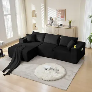 107" Cloud Sectional Sofa, Modular L-Shaped Couch with Chaise, Deep Seat Corduroy Upholstered Sofa for Living Room, No Assembly Required (Right-Facing, Black)