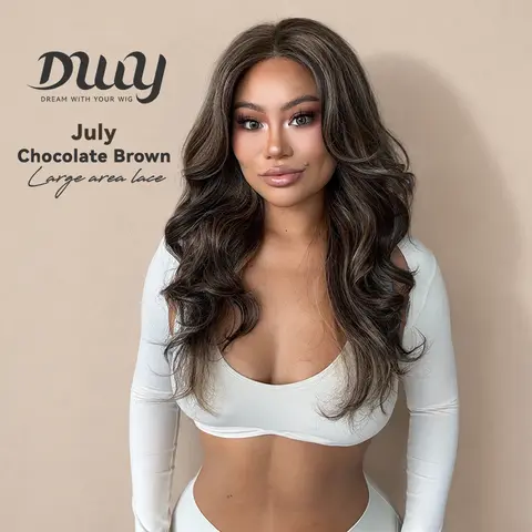 July NEW ! DWY 13×4 Free Part Lace Front Long Length Curly Ombre Brown with Highlights Glueless Synthetic Wig for Women 24 Inches