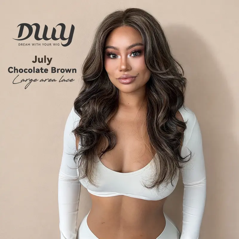 July NEW ! DWY 13×4 Free Part Lace Front Long Length Curly Ombre Brown with Highlights Glueless Synthetic Wig for Women 24 Inches