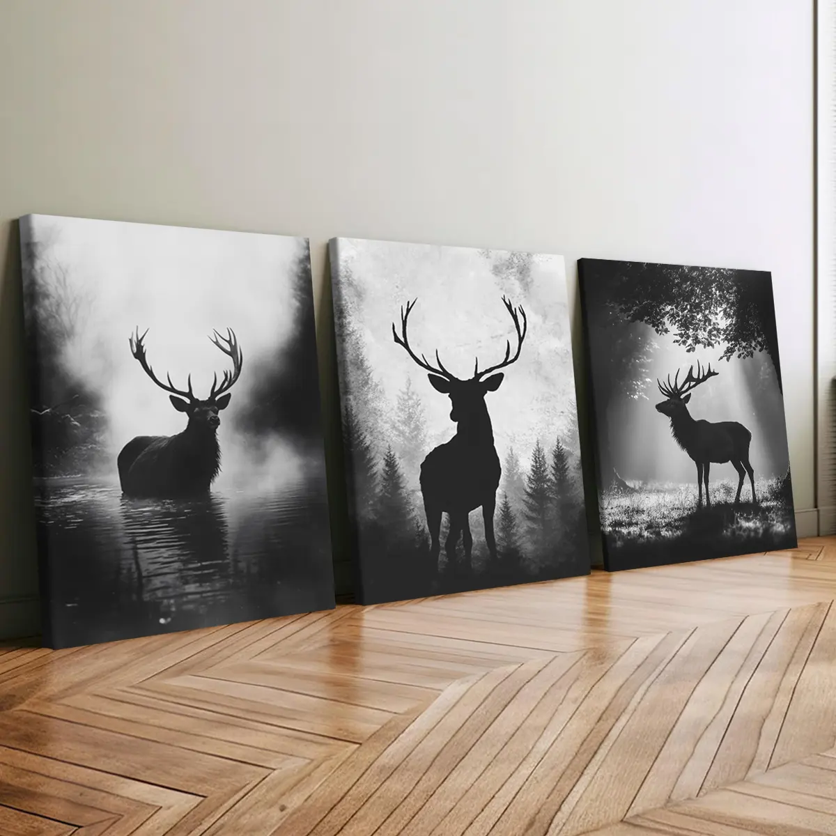 3Pcs Wooden Framed Canvas Print Set - Artistic Deep Forest Elk Shadow Artwork Painting, Odorless Home Decor Accessory, Living Room Wall Decor for Bedroom, Office