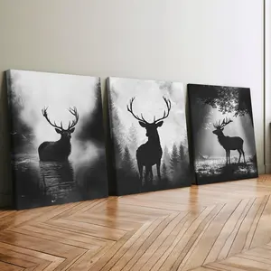3Pcs Wooden Framed Canvas Painting, The Shadow Of Elk In The Deep Forest Art, Exquisite Poster, Home Decoration, Pattern Wall Art Decor, For Living Room, Bedroom, Office, Restaurant, Bar Wall Decor, Odorless, Painting, Print Artwork.