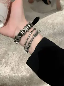 Dark Punk Y2K Star Leather Bracelet, Layered Hip-Hop Accessory, Sweet Cool Bracelet, Unique Trendy Design, Silver Color Beads