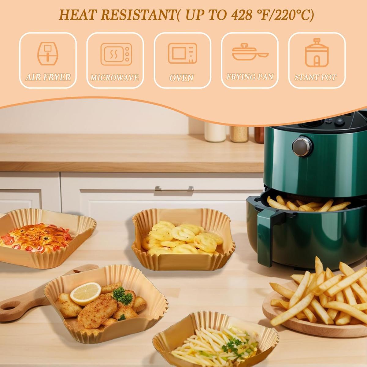 Air Fryer Liner,100 Square Air Fryer ParchmentPaper Liner, Air Fryer Liners Disposable for Microwave,Square Non-Stick Air Fryer Liner Square Free of Bleach