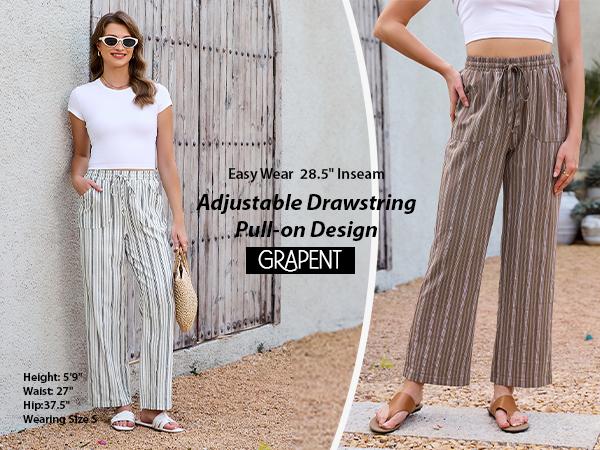 GRAPENT Women's Linen-Cotton Blend Wide Leg Striped High-Waisted Pull-On Elastic Drawcord Pants, Casual Wear for Summer Beach Vacation