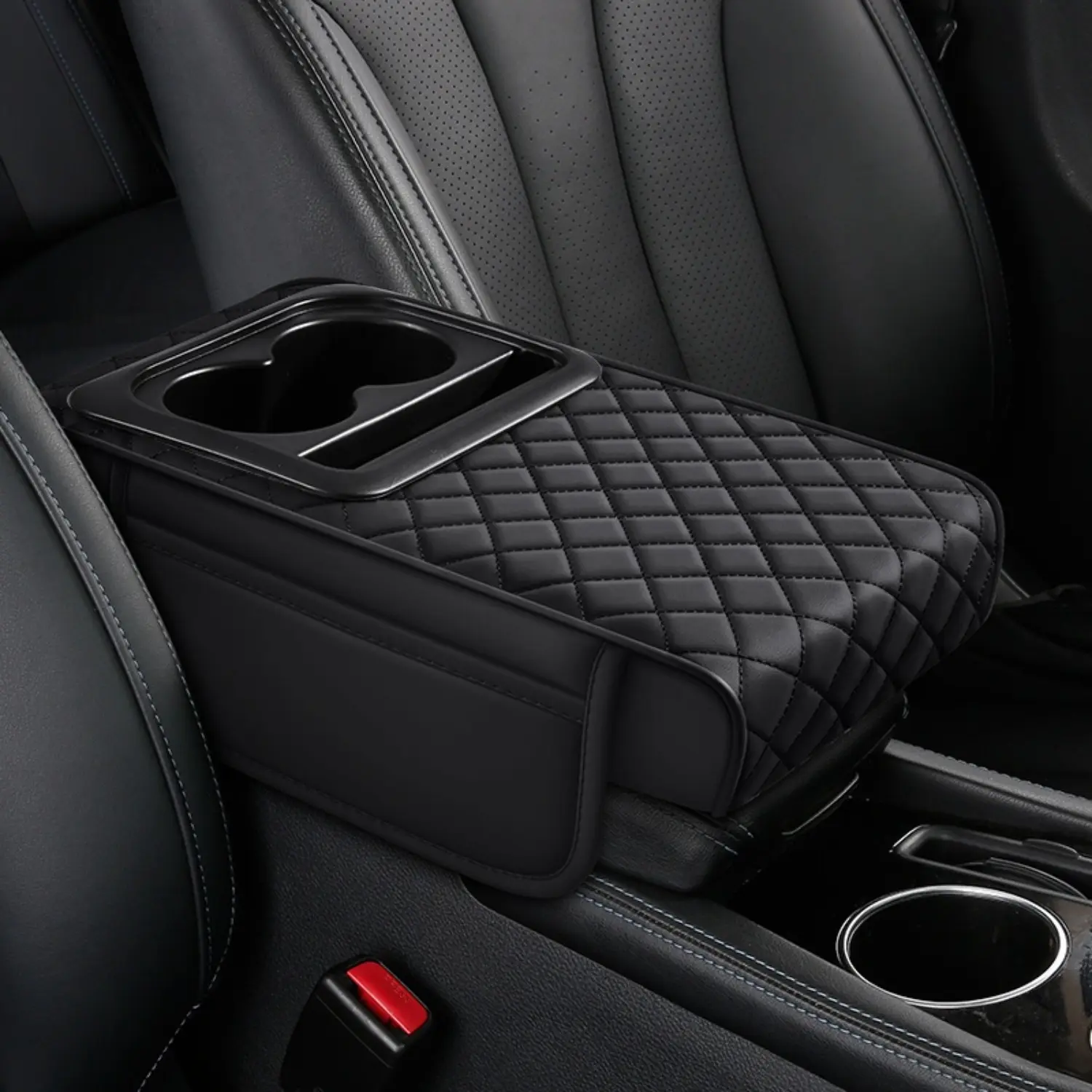 PU Leather Universal Fit Memory Foam Car Center Console Armrest Pad (13in*7.87in*2.76in) for Most Cars, Cup & Phone Holder Ready, Dual Storage Compartments, Elbow Support for Long-Distance Drivers