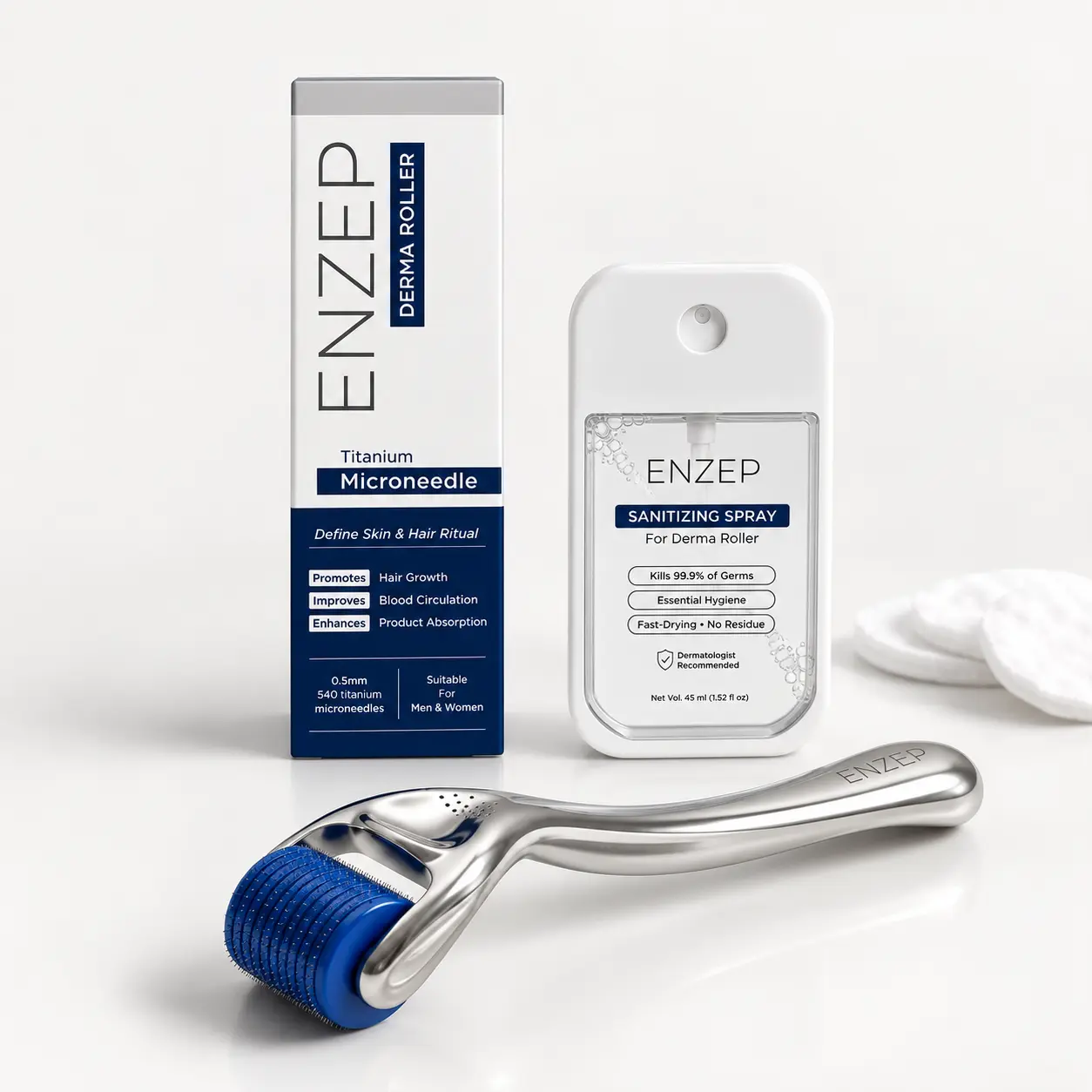 ENZEP 0.5mm Premium Titanium Derma Roller – 540 Titanium Microneedles for Hair Regrowth, Beard, Skin & Scalp Care, Enhances Serum Absorption for Men & Women