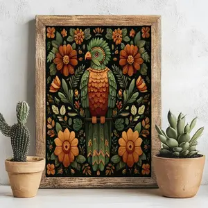[UNFRAMED] Quetzal Aztec Art Print Mesoamerican Floral Mexican Folk Art, Boho Nature Decor, Vibrant Folklorico Bird Poster