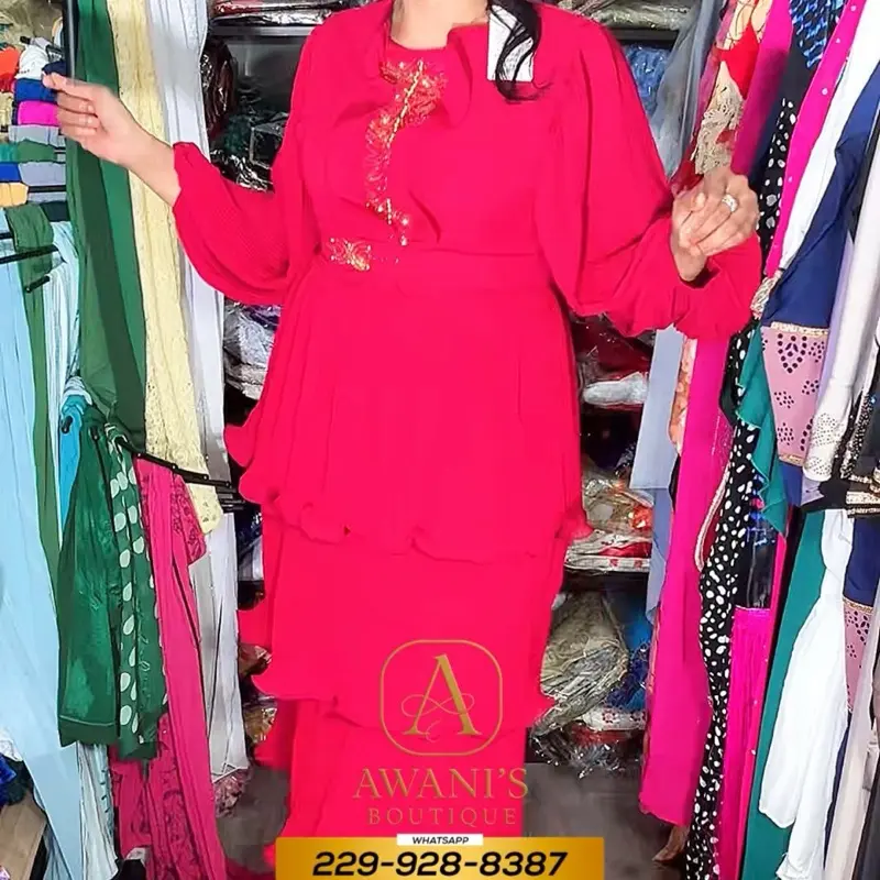 Awani's Boutique RED DRESSY BOMBSHELL Elegant Red Dress with Embroidered Details and Ruffle Skirt