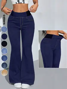 Y2K 2026 Women's Back Shirred Jeans, Mid-Rise Elastic Waist, Fit, Flared Bell-Bottoms, Light Blue Wash, Kardashian Style, Casual All-Season