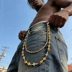 Rhinestone-Embellished Gold Cross & Vajra Adjustable Waist Chain Waistbeads, Streetwear Hip-Hop Pants Accessory, Fashion Costume Body Jewelry
