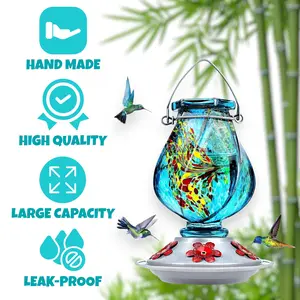 Hand-Blown Glass Hummingbird Feeder 22 oz - Blue Hanging Bird Feeder with Ant Moat, 5 Bee-Proof Ports & 360° Perch