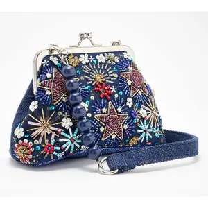 America & Beyond Beaded Frame Clutch with Shoulder Strap
