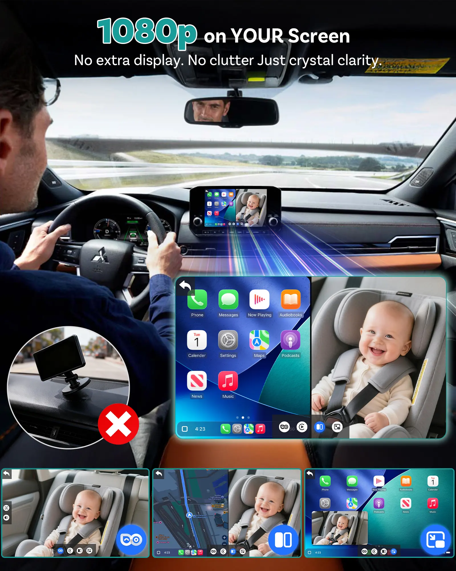OTTOCAST Baby Car Camera &Wireless CarPlay Adapter,1080P HD Rear Seat Monitor Display on Car Screen,150°Wide Angle No-Glow Night View, Safety for Kids & Infants