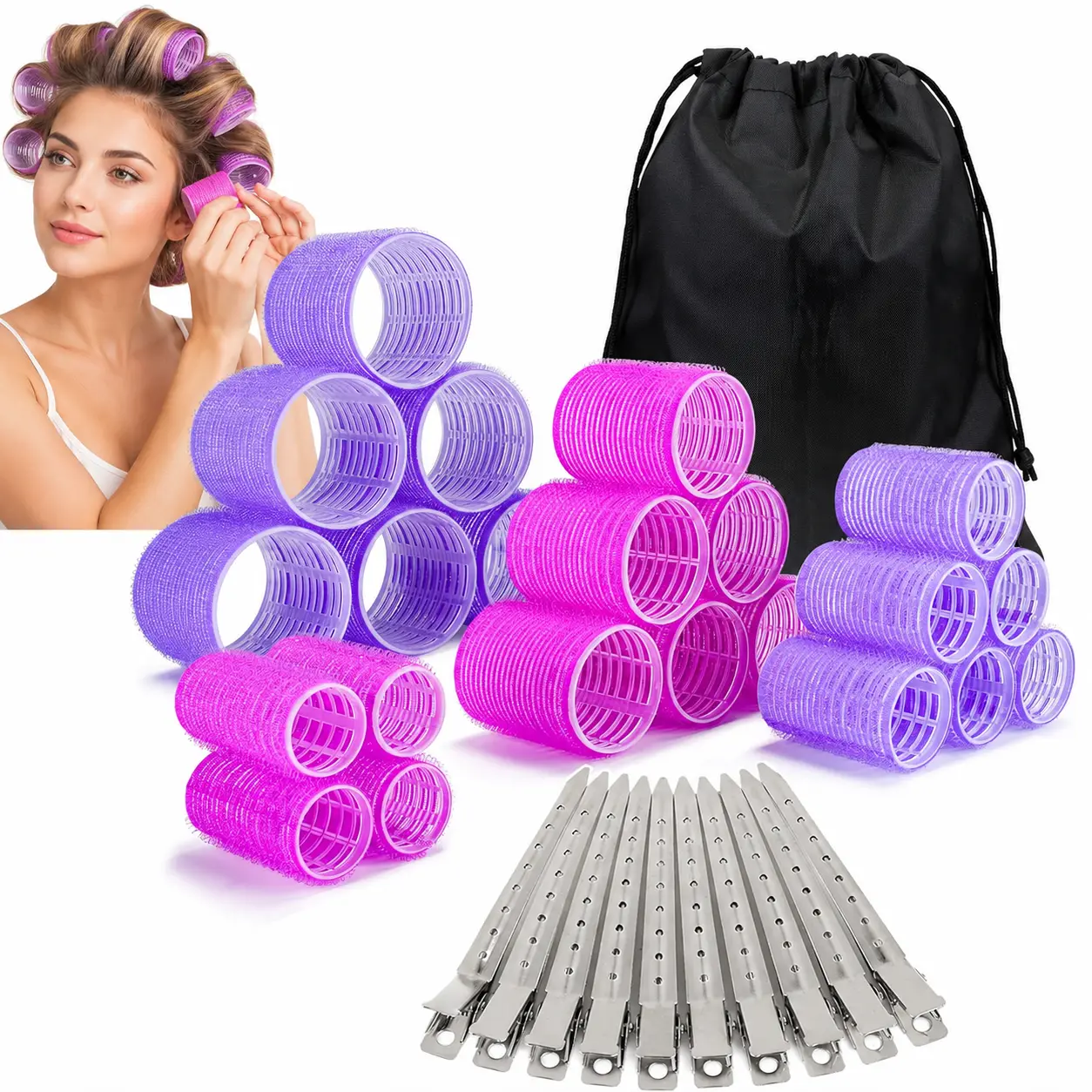 33-Piece Self Grip Hair Rollers Set, Large & Medium Hair Curlers for Long, Medium & Short Hair, 22 Rollers with 10 Stainless Steel Clips & Storage Bag