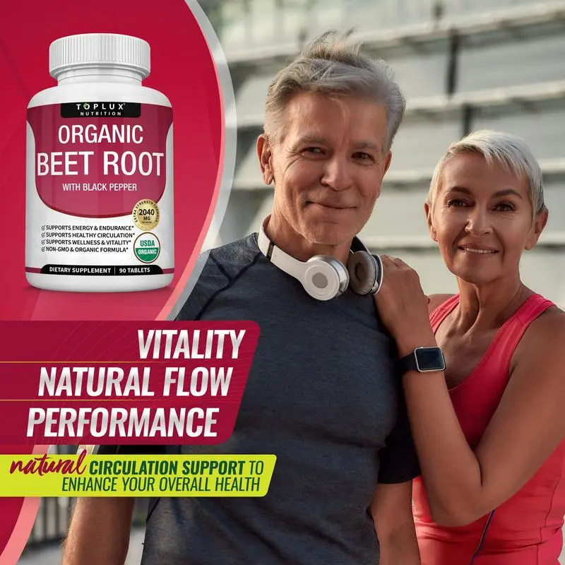 2040mg Organic Beet Root Tablets by Toplux, High Potency Beetroot Supplement Natural Nitric Oxide Booster for Blood Flow & Cardiovascular Health Fitness Edible Dietary
