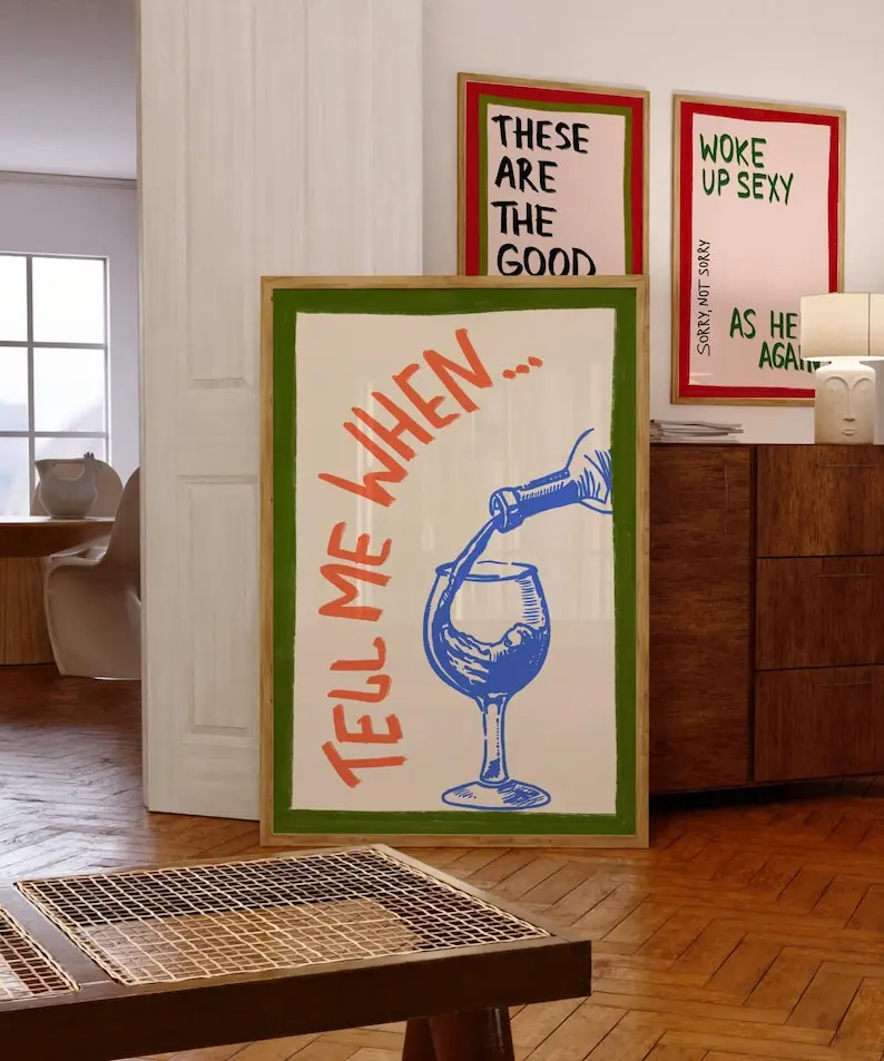 Tell Me When Poster Retro Wine Print, Cheers Printable Art, Hand Drawn Trendy Wall Art, Cin Cin Poster, Bar Cart Decor