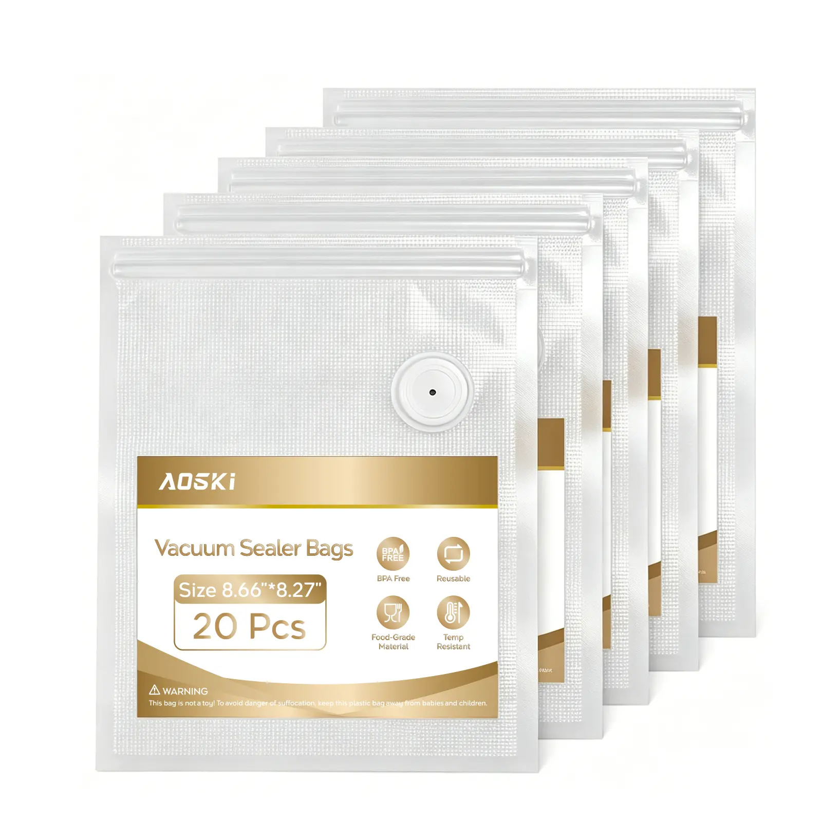【SummerWins】AOSKI - Reusable Vacuum Sealer Bags for Food: 20-Pack (22 * 21 inches) with Air Valve & 5 Seal Clips, Plastic Food Storage Bags, Microwaveable Zipper Bags for Kitchen Meal Prep Space Saving