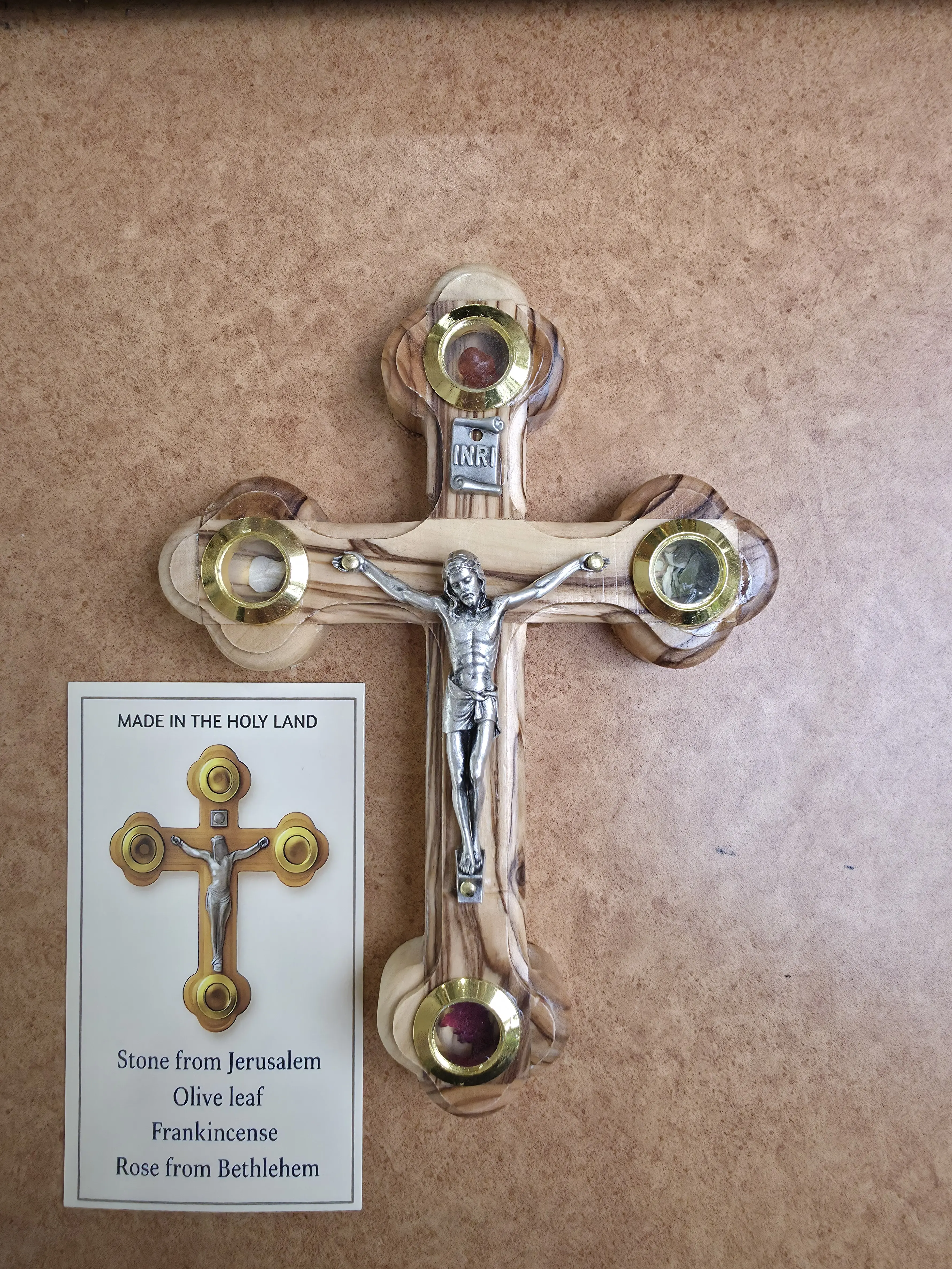 Olive Wood Crucifix from Bethlehem with Relics