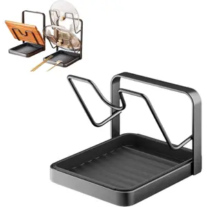 1/2PCS Kitchen Pot Lid Storage Rack, Pot Lid Holder With Tray, Lid Holder While Cooking, Space-Saving Lid Rack, Lid and Spoon Rest, Multifunctional Kitchen Organizer Stand for Stove Top