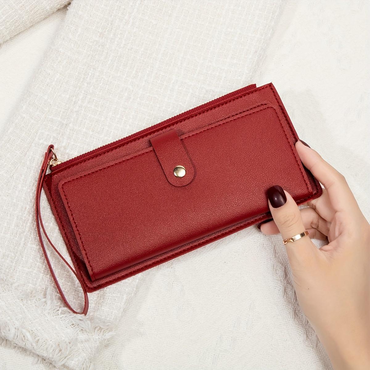 Wine Red Women's Card Holder Wallet, Multi-Functional Zipper Wallet with Multiple Card Slots, Clutch with Snap Closure, Long Zipper Wallet