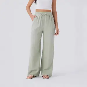 High-waisted drawstring side-pocket wide-leg casual linen pants, flowy wide-leg beach pants
