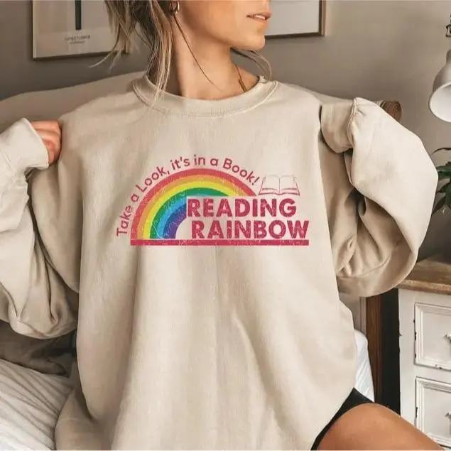 Reading Rainbow Sweatshirt, Reading Rainbow Sweatshirt, Teacher Appreciation Gift, Retro Book Lover Graphic Tee, Elementary School Teacher Apparel, Cute Classroom Educator Shirt, Literacy Librarian Gift, Cute Bookish Outfit Gift for Women & Men