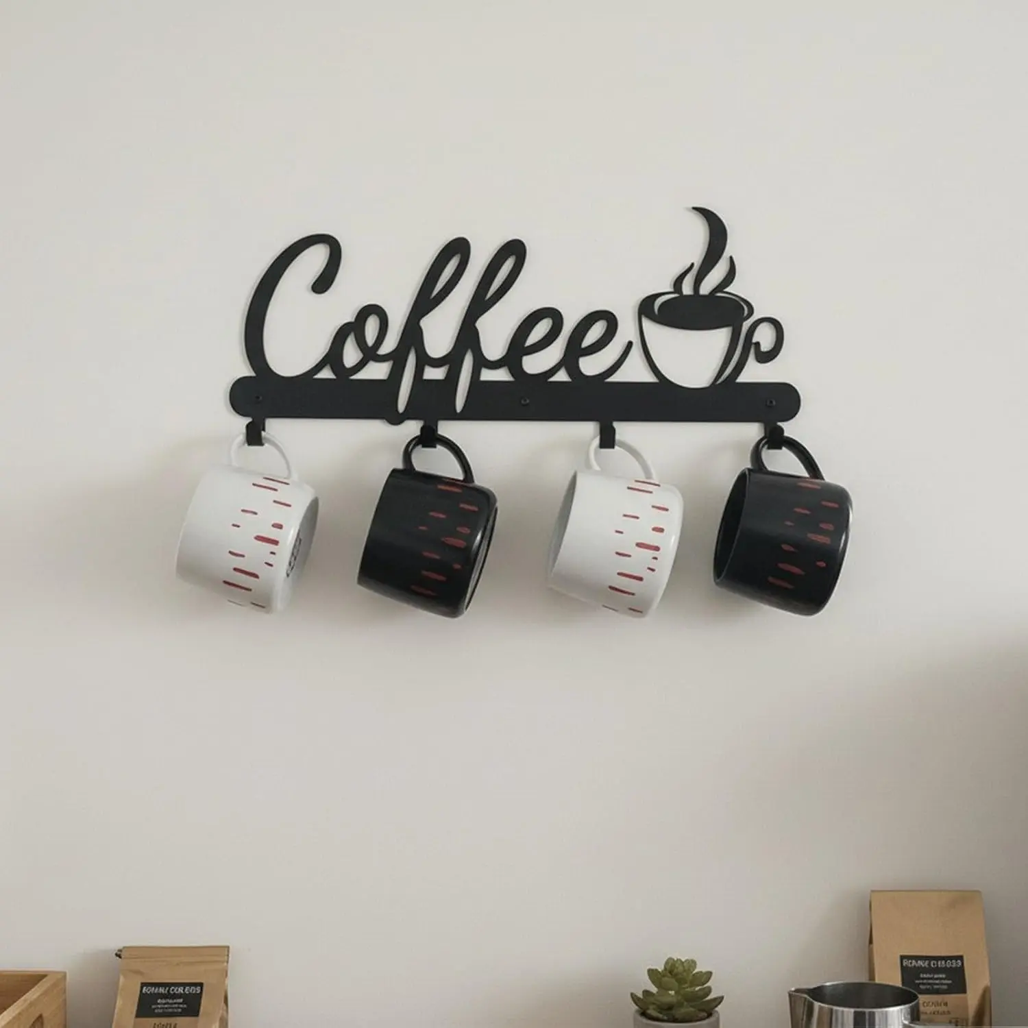 Black Metal Wall-Mounted Coffee Mug Organiser Cup Holder Hook - Compact Single Set with 4 Hooks, Modern Metal Look Sign for Daily Kitchen, Business Bar Station Accessories Decor