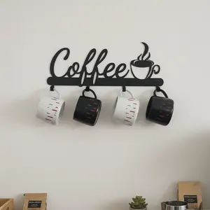 Black Metal Wall Mounted Coffee Mug Holder,with 4 Hooks and Metal Sign Modern Coffee Sign for Kitchen, Bar Station Accessories Decor