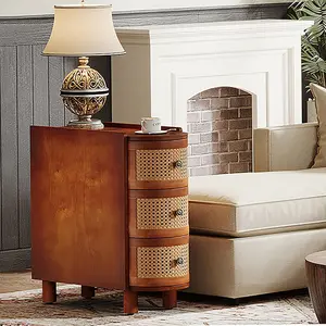 360 stand Vintage Narrow 10.62 in. Rattan 3-Drawer End Table - Solid Wood Walnut & Oak Indoor Furniture with Embossed Handles, Nightstands with Drawer, Bedroom Side Table, Bedside Nightstands, Modern Wood Table