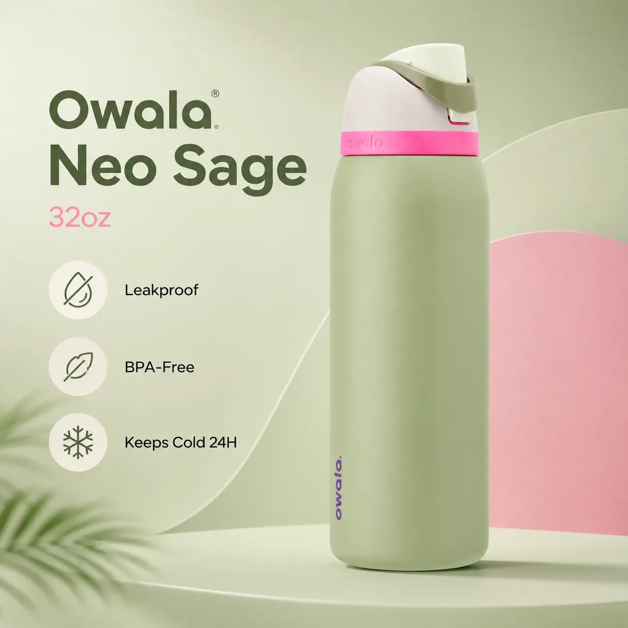 Owala FreeSip 24oz Water Bottle, Sage Green Pink Lid, Leakproof Insulated Stainless Steel Bottle with Straw